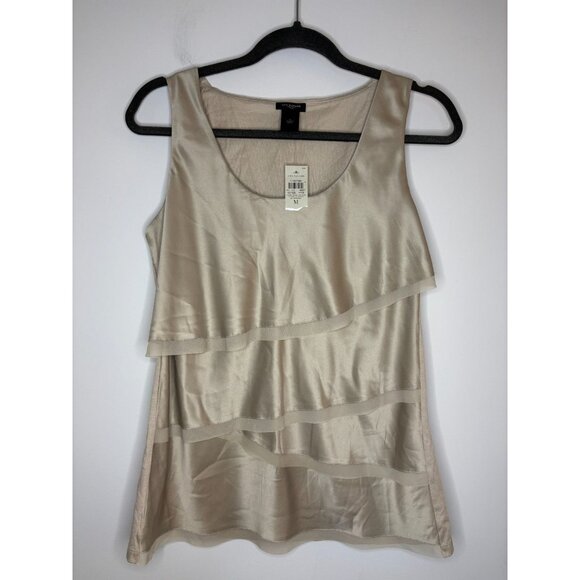 ANNE TAYLOR NEW Tiered Tank Womens M Tan Satin Ruffle Foundation Flowy Holiday - Picture 1 of 5